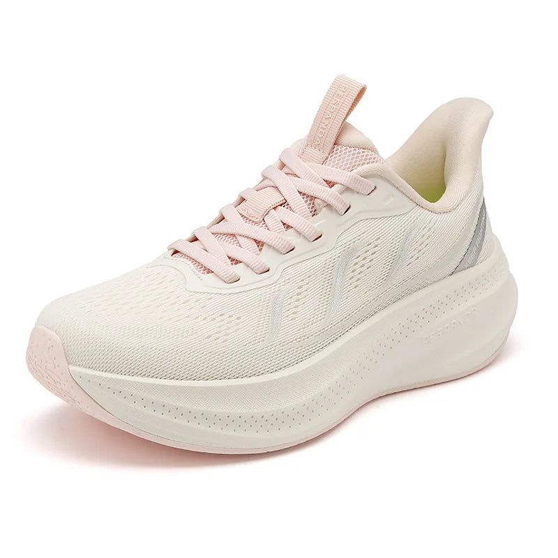 Cream & Pink Cushioned Running Shoes – Lightweight Breathable Walking Sneakers with Shock-Absorbing Wear-Resistant Sole
