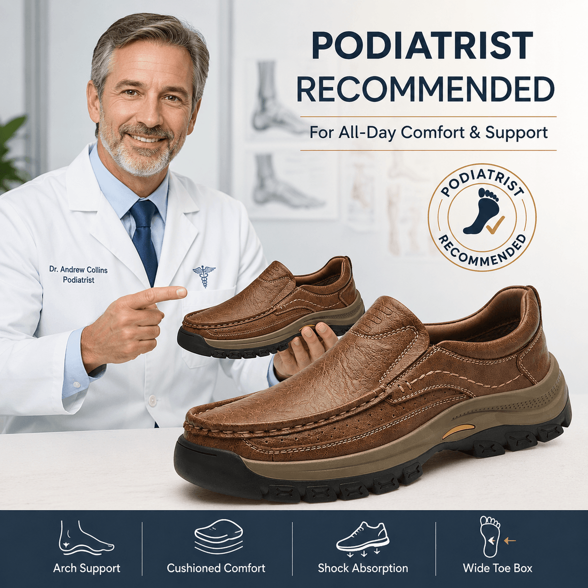 Orthopedic Walk-All-Day Loafers: Wide Toe Box & Premium Arch Support - Men's Leather Casual Shoes