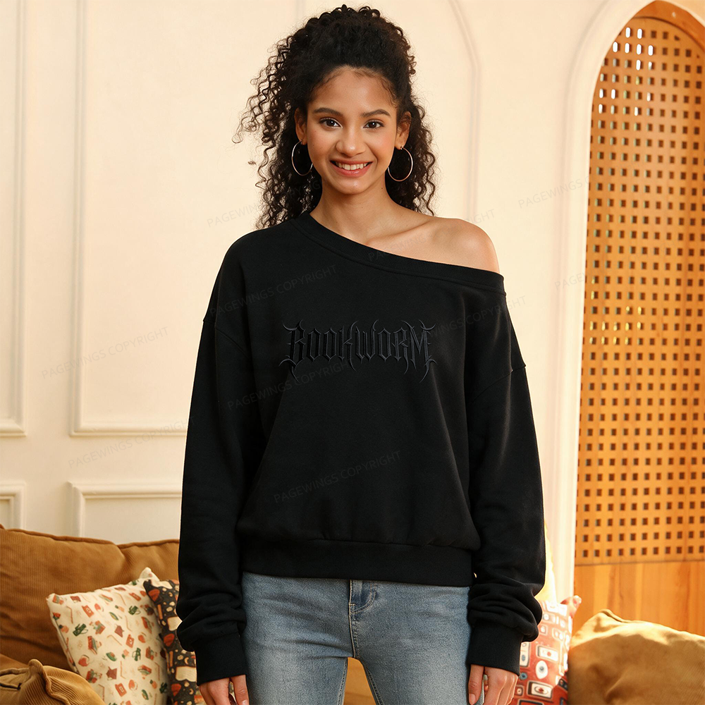 Pagewings Embroidered Bookworm Women Off Shoulder Sweatshirt