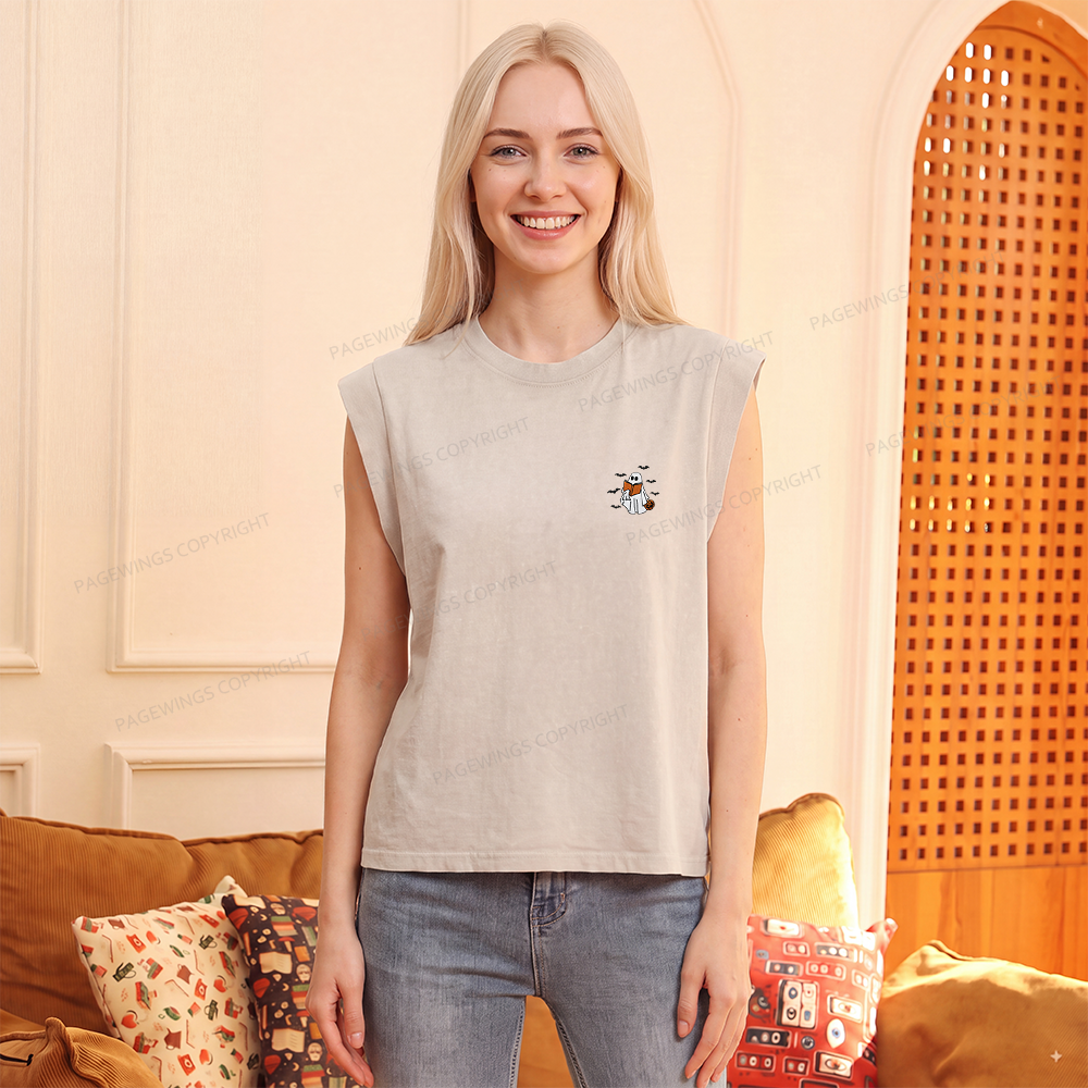 Pagewings Embroidered Book Lover Halloween Women's Washed Tank Top