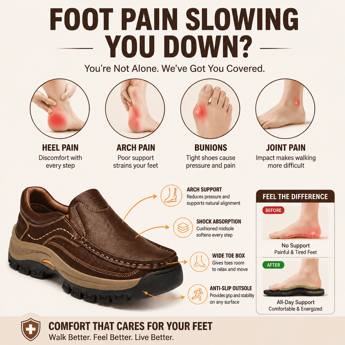 Orthopedic Walk-All-Day Loafers: Wide Toe Box & Premium Arch Support - Men's Leather Casual Shoes