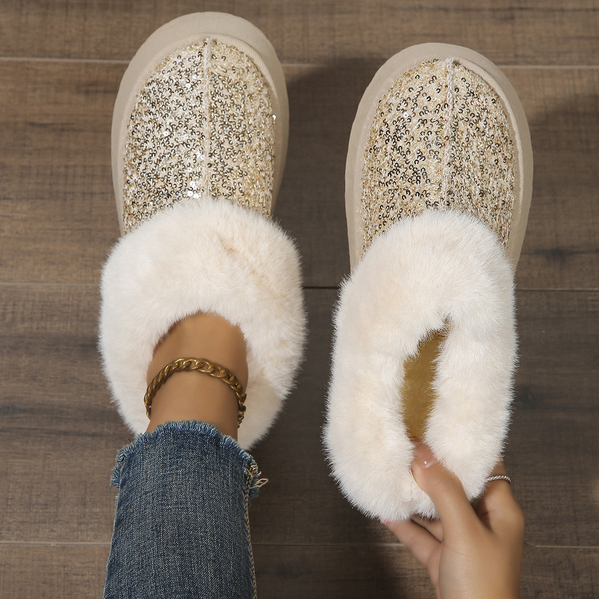 Indoor/Outdoor Thickened Sequined Comfortable Cotton Shoes