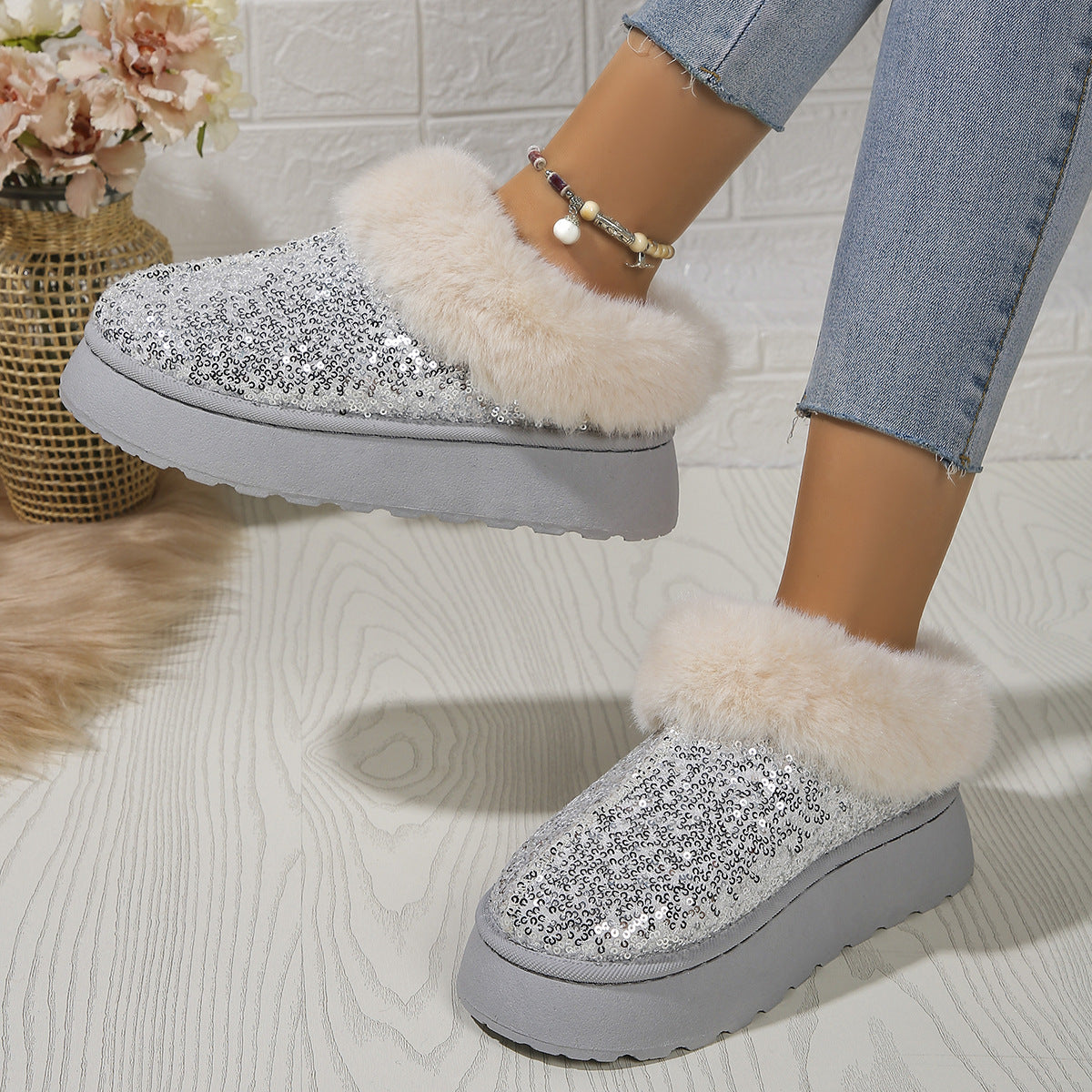 Indoor/Outdoor Thickened Sequined Comfortable Cotton Shoes