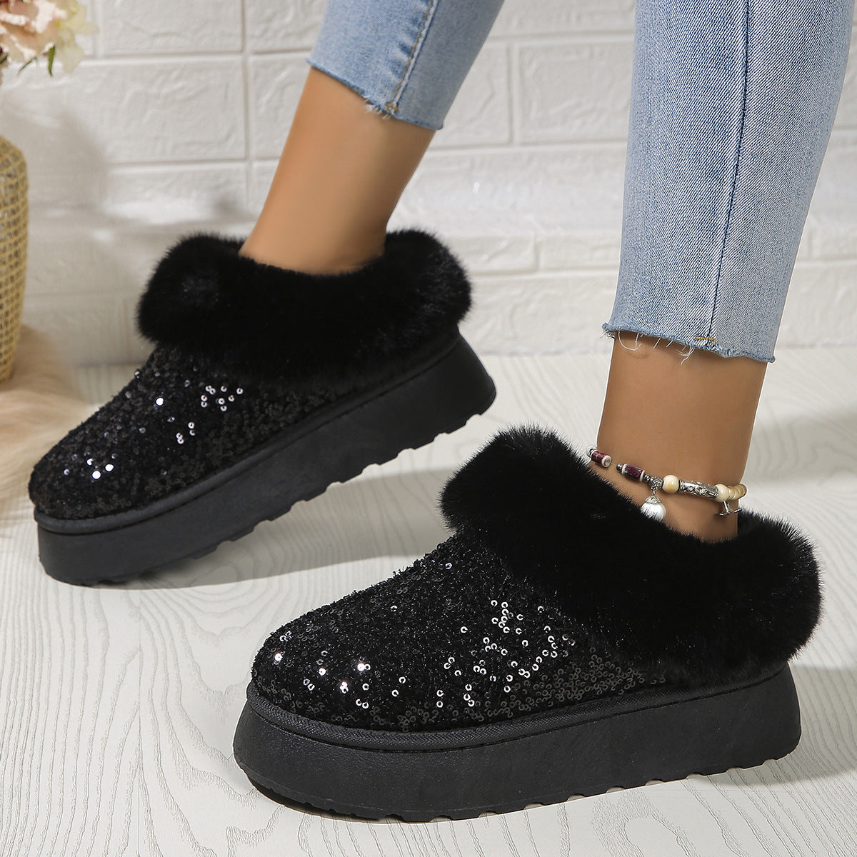 Indoor/Outdoor Thickened Sequined Comfortable Cotton Shoes