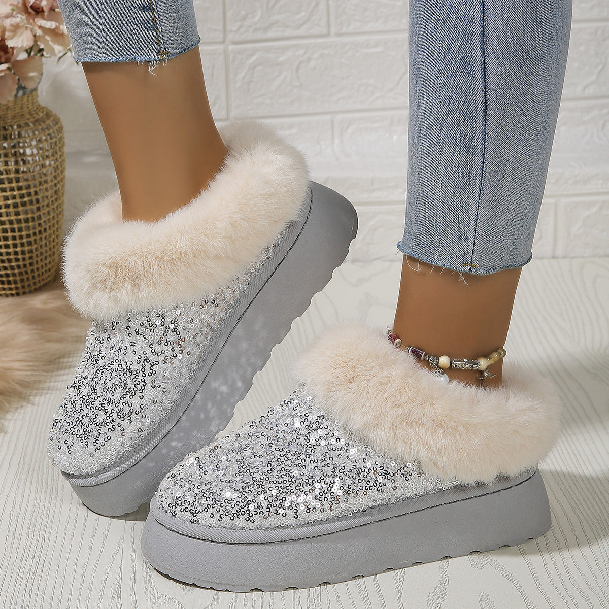 Indoor/Outdoor Thickened Sequined Comfortable Cotton Shoes