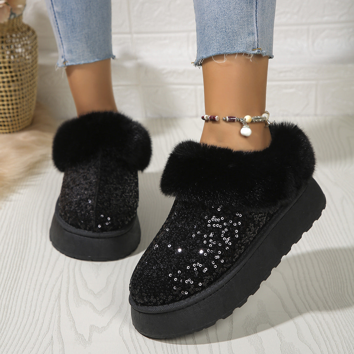Indoor/Outdoor Thickened Sequined Comfortable Cotton Shoes