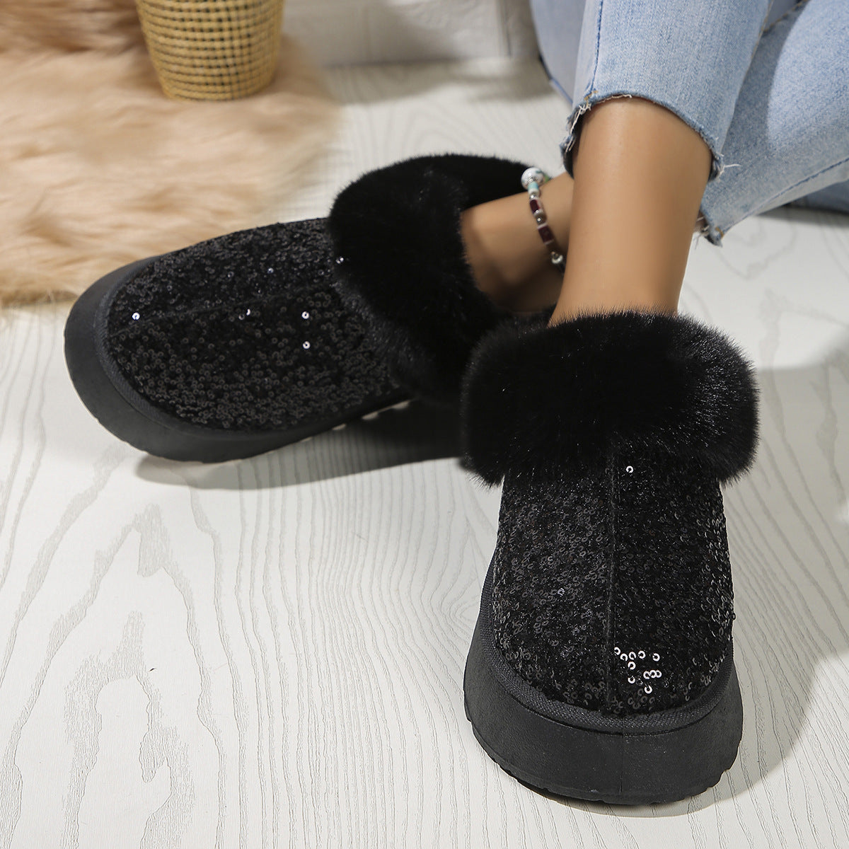 Indoor/Outdoor Thickened Sequined Comfortable Cotton Shoes