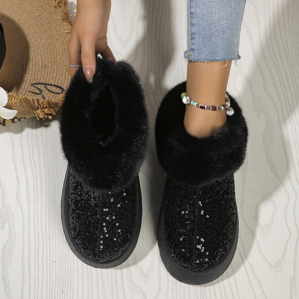 Indoor/Outdoor Thickened Sequined Comfortable Cotton Shoes