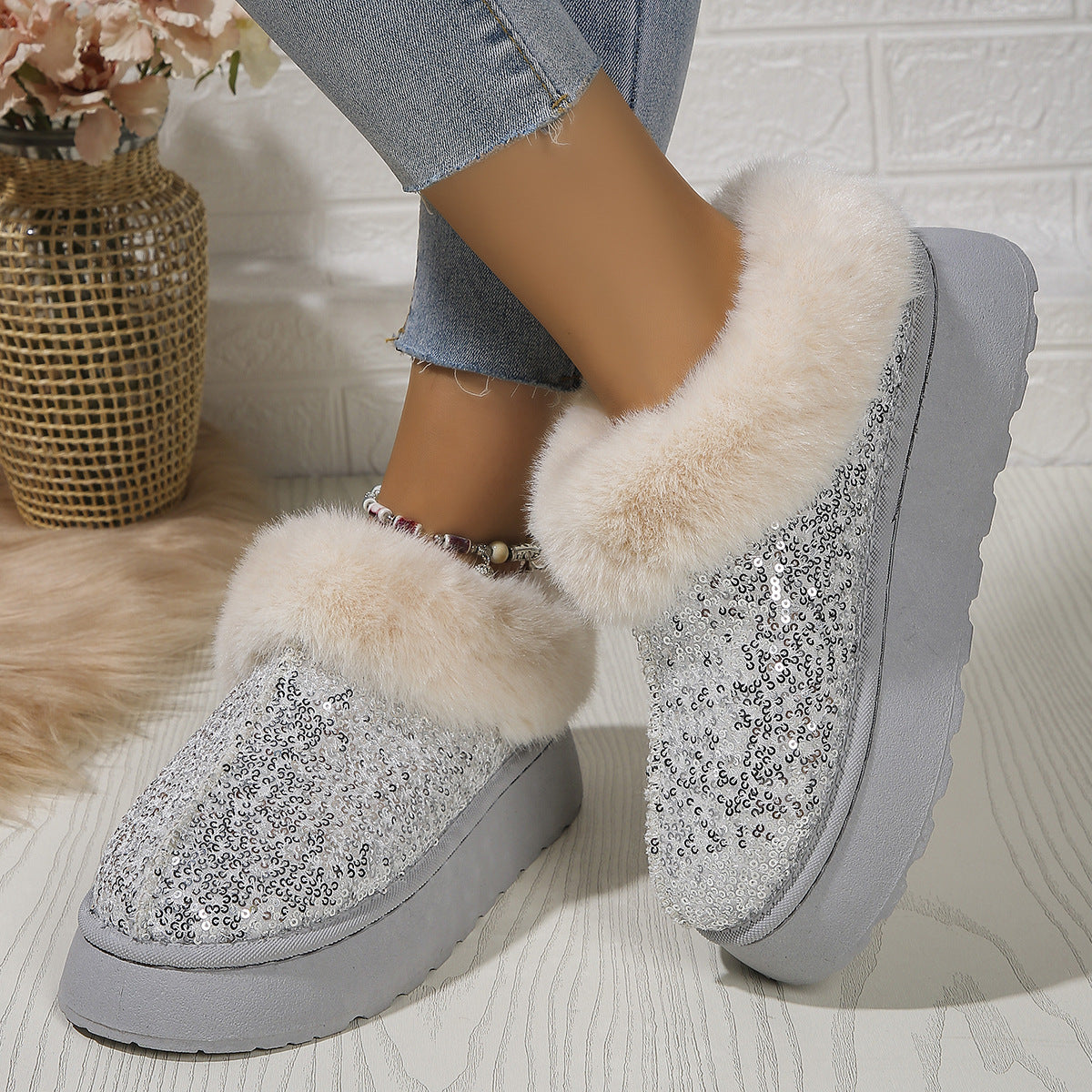 Indoor/Outdoor Thickened Sequined Comfortable Cotton Shoes