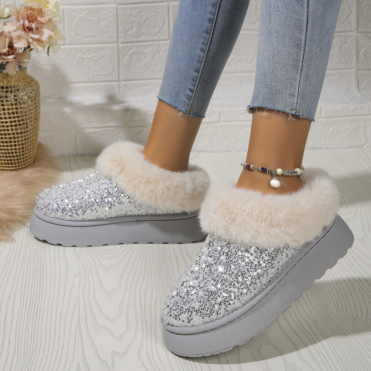 Indoor/Outdoor Thickened Sequined Comfortable Cotton Shoes