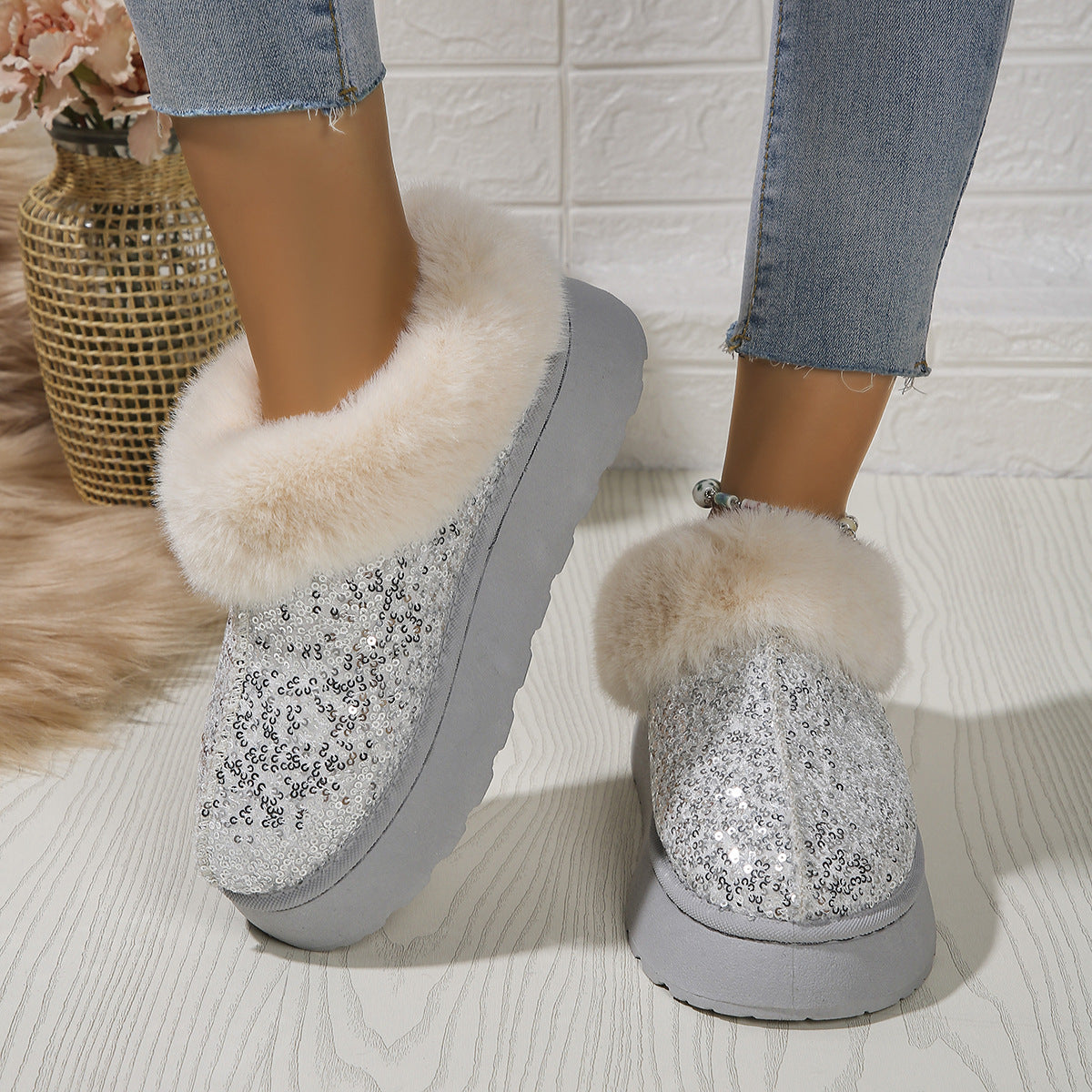 Indoor/Outdoor Thickened Sequined Comfortable Cotton Shoes