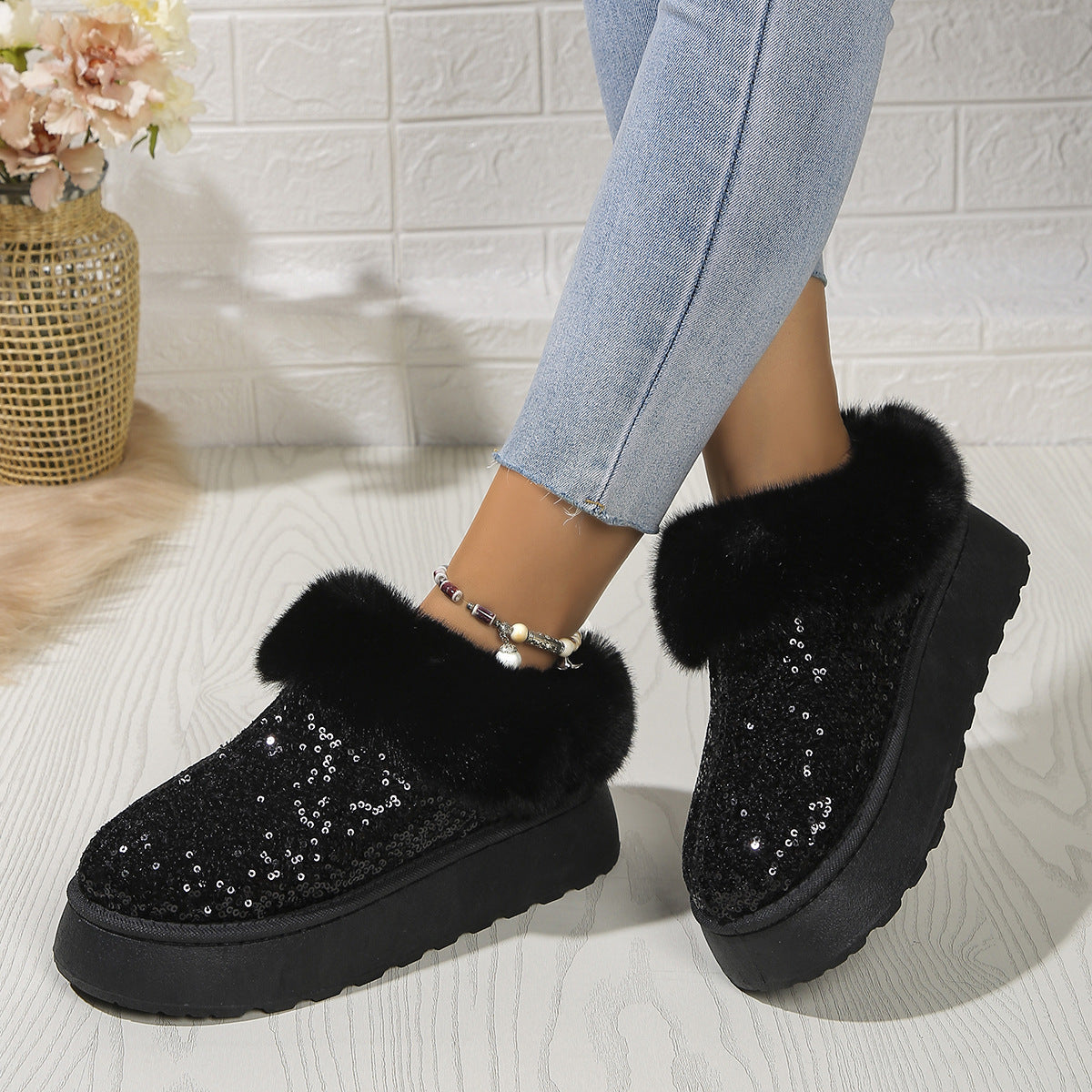 Indoor/Outdoor Thickened Sequined Comfortable Cotton Shoes