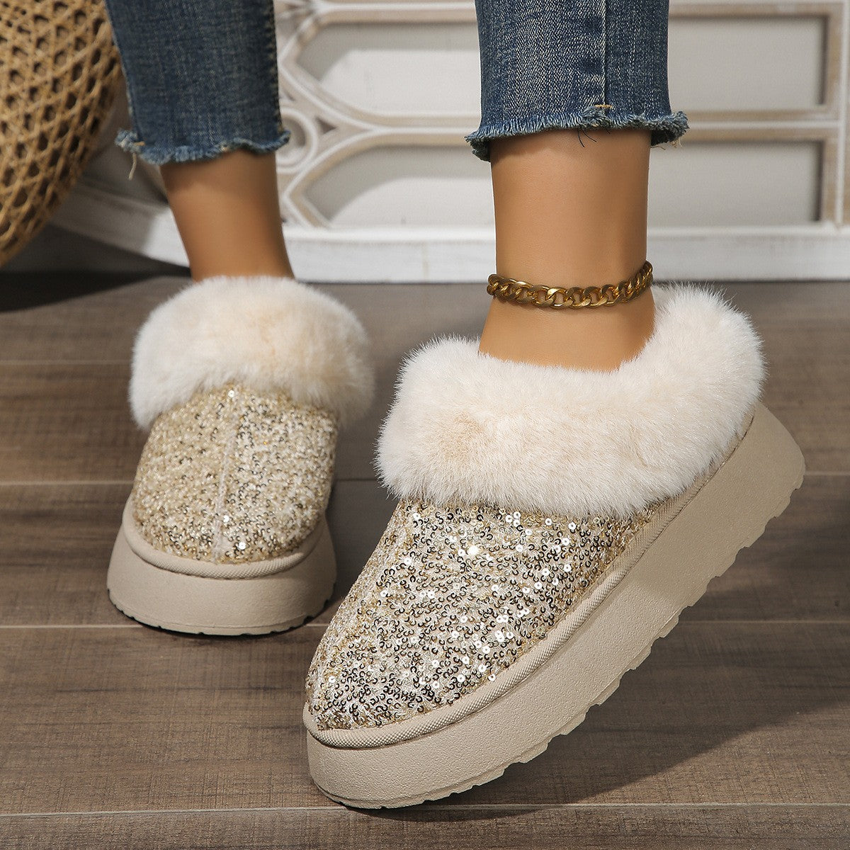 Indoor/Outdoor Thickened Sequined Comfortable Cotton Shoes