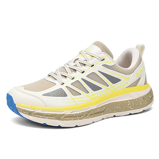 Cream & Neon Yellow Breathable Running Shoes – Lightweight Shock-Absorbing Sneakers with Soft Cushioned Sole for Walking & Daily Wear