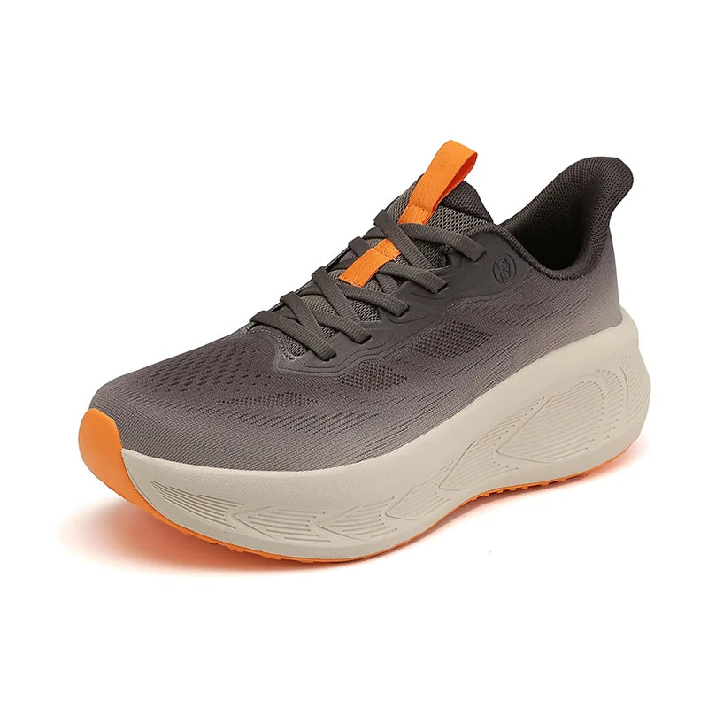 Light Gray Chunky Sneakers with Black & Orange Accents – Breathable Cushioned Walking Shoes
