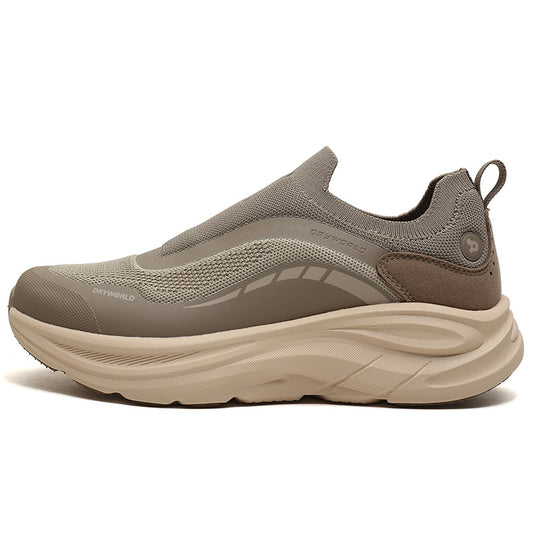 Khaki Beige Slip-On Walking Shoes – Breathable Shock-Absorbing Sneakers with Soft Cushioned Sole for Daily Wear