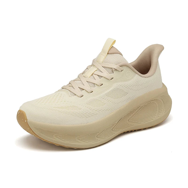 Cream Beige Platform Sneakers – Neutral Breathable Walking Shoes with Thick Cushioned Sole