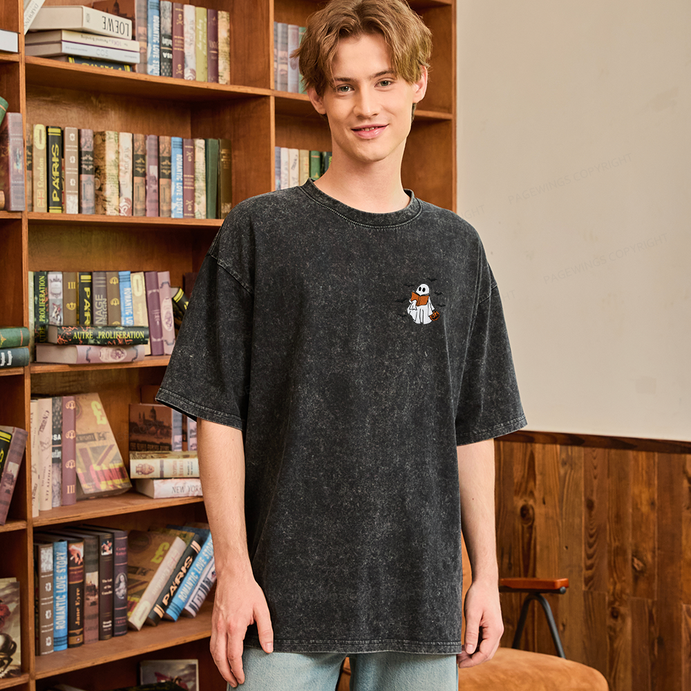 Pagewings Embroidered Book Lover Halloween Unisex Washed T-shirt