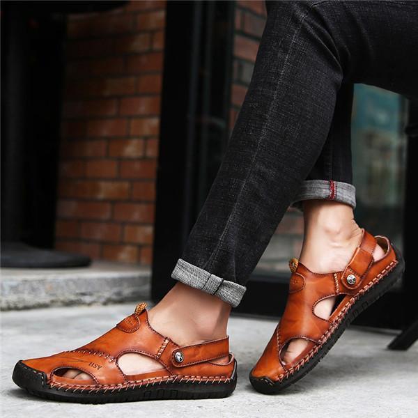 Men Hand Stitching Soft Outdoor Closed Toe Leather Sandals