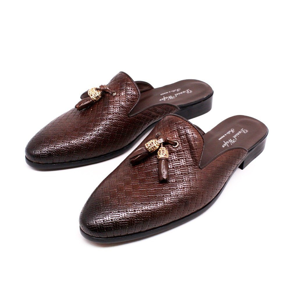 Cross-border Baotou slippers genuine leather tassel outer wear casual leather shoes men's woven pattern embossed summer pointed sandals men