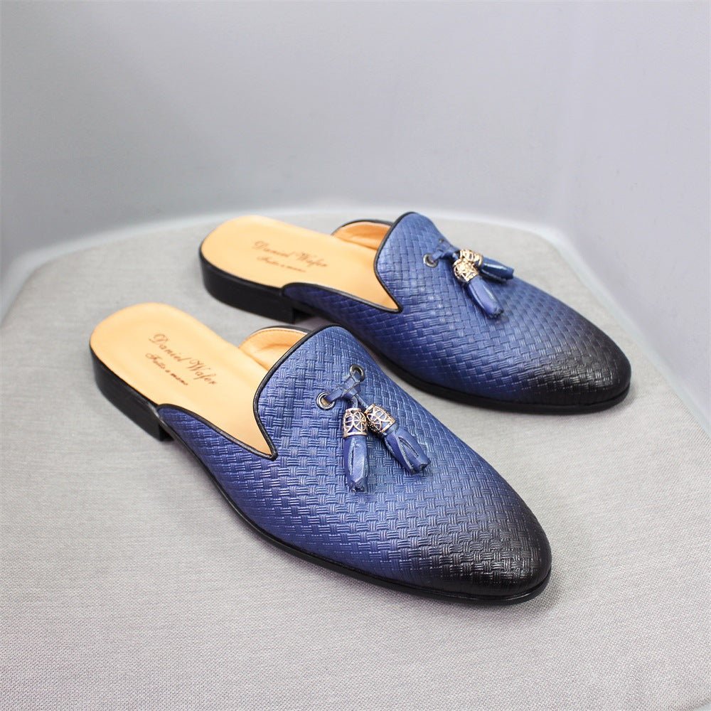 Cross-border Baotou slippers genuine leather tassel outer wear casual leather shoes men's woven pattern embossed summer pointed sandals men