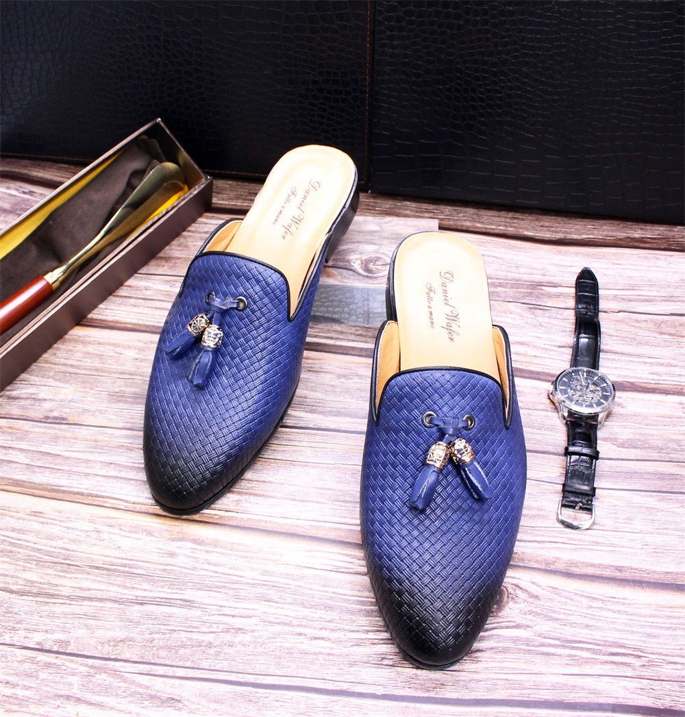 Cross-border Baotou slippers genuine leather tassel outer wear casual leather shoes men's woven pattern embossed summer pointed sandals men