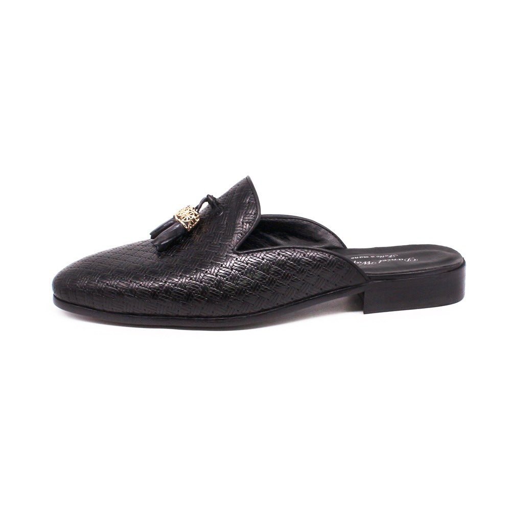 Cross-border Baotou slippers genuine leather tassel outer wear casual leather shoes men's woven pattern embossed summer pointed sandals men