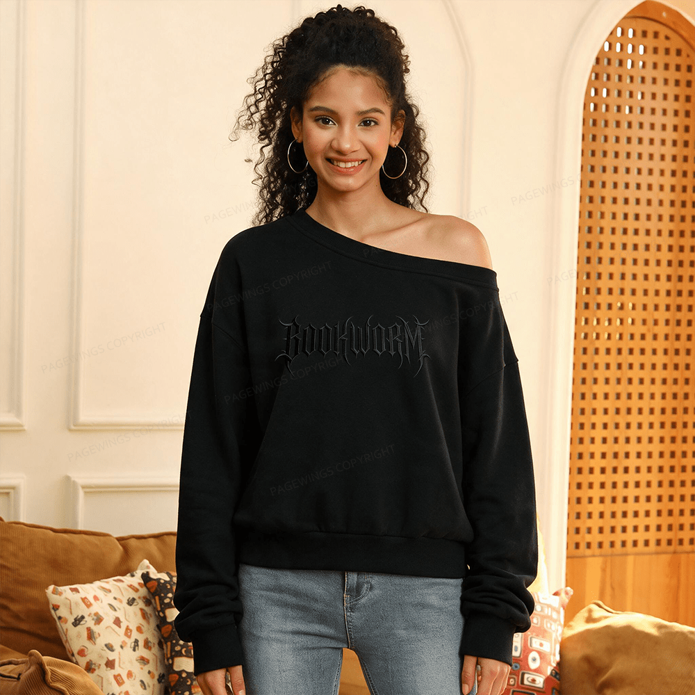 Pagewings Embroidered Bookworm Women Off Shoulder Sweatshirt