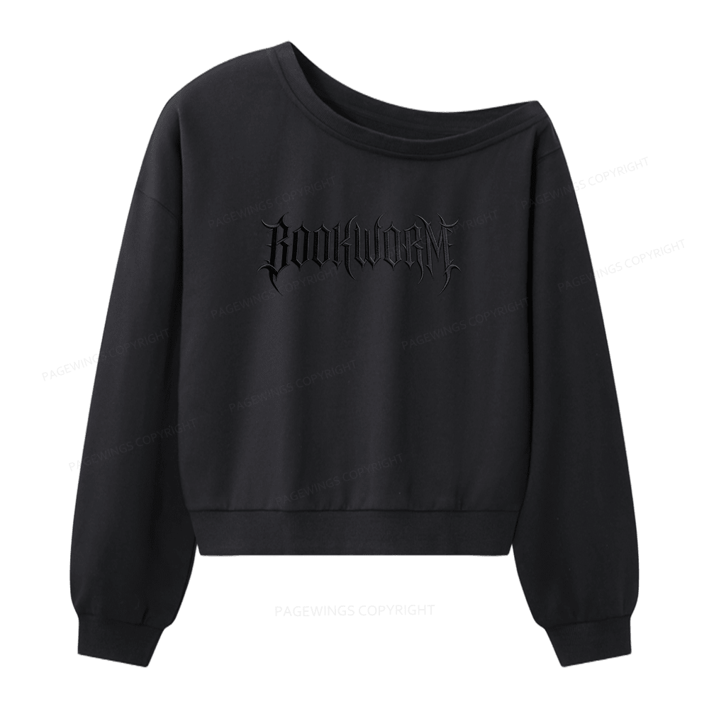 Pagewings Embroidered Bookworm Women Off Shoulder Sweatshirt