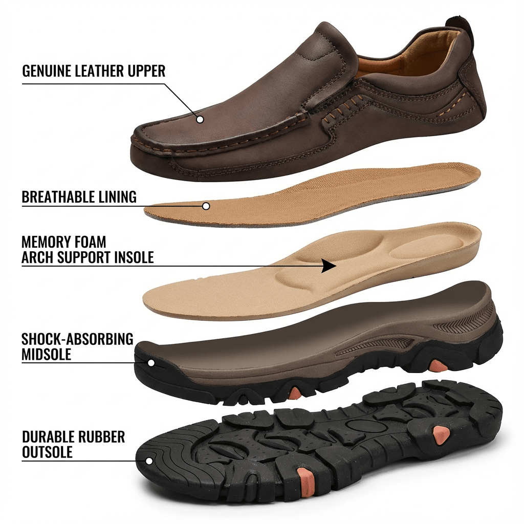 Men’s Orthopedic Wide-Fit Genuine Leather Slip-On Shoes – Supportive Comfort Loafers