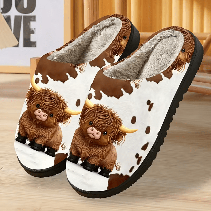 Women's Cozy Fleece-Lined Highland Cow Slippers Slip-On House Shoes for Holiday Gifts