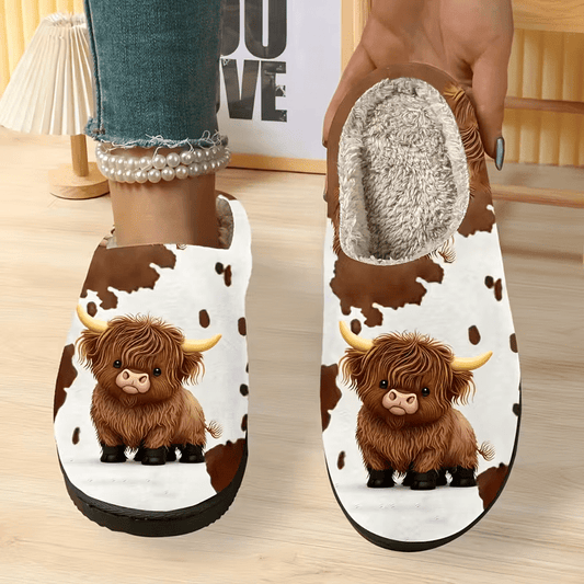 Women's Cozy Fleece-Lined Highland Cow Slippers Slip-On House Shoes for Holiday Gifts
