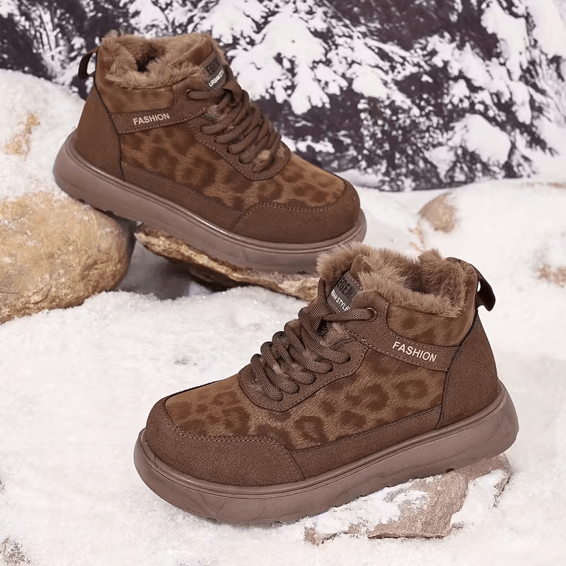 Women's Cozy Leopard Print Thick-Soled Winter Warm Plush Ankle Boots Outdoor Shoes for Home, Office, Casual