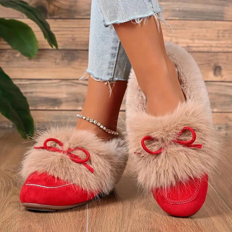 Women's Cozy Non-Skid Plush Slip-On Slippers with Bow Winter Indoor/Outdoor House Shoes
