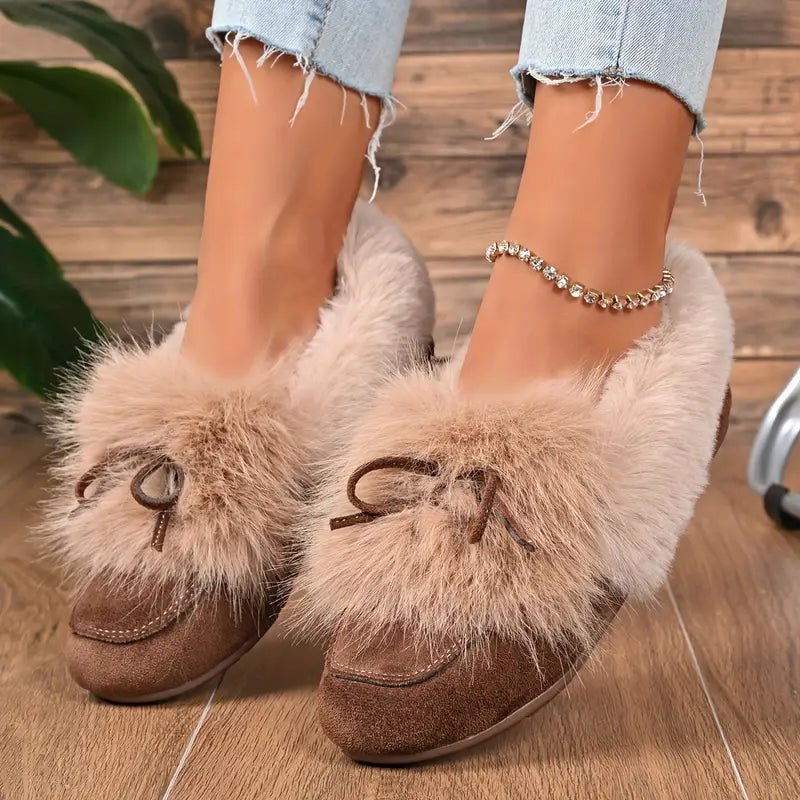 Women's Cozy Non-Skid Plush Slip-On Slippers with Bow Winter Indoor/Outdoor House Shoes