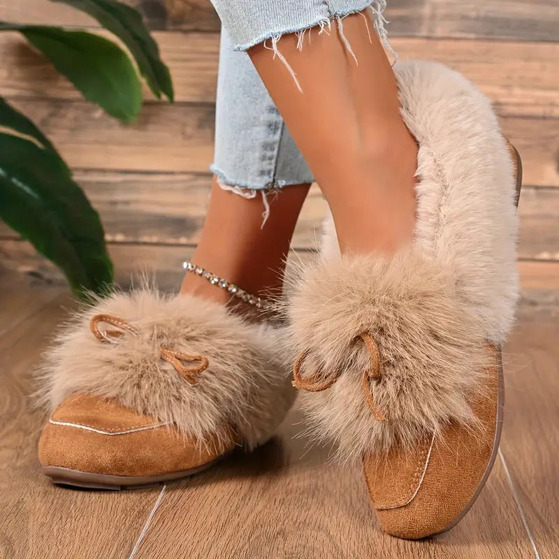 Women's Cozy Non-Skid Plush Slip-On Slippers with Bow Winter Indoor/Outdoor House Shoes