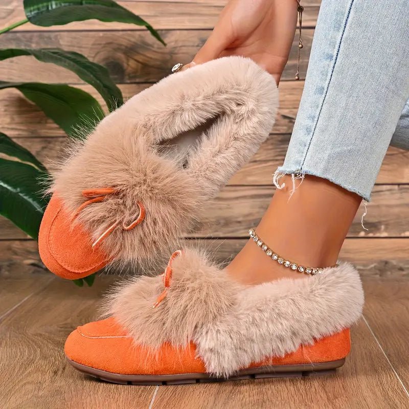 Women's Cozy Non-Skid Plush Slip-On Slippers with Bow Winter Indoor/Outdoor House Shoes