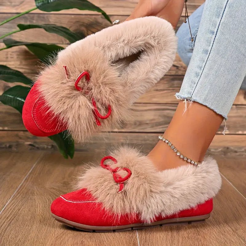 Women's Cozy Non-Skid Plush Slip-On Slippers with Bow Winter Indoor/Outdoor House Shoes