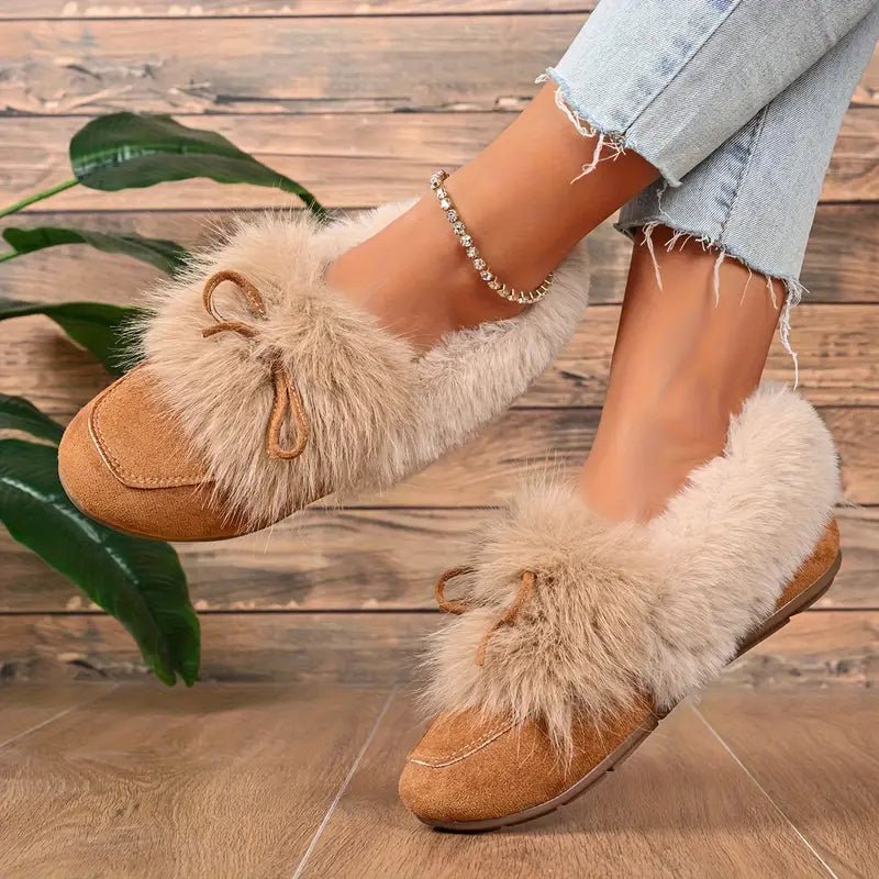 Women's Cozy Non-Skid Plush Slip-On Slippers with Bow Winter Indoor/Outdoor House Shoes