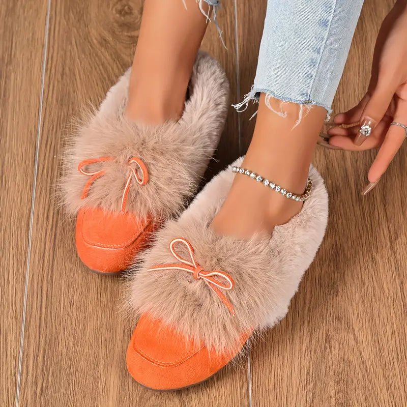 Women's Cozy Non-Skid Plush Slip-On Slippers with Bow Winter Indoor/Outdoor House Shoes