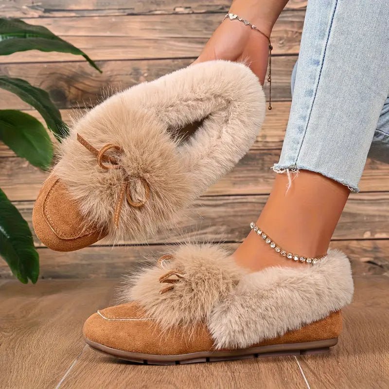 Women's Cozy Non-Skid Plush Slip-On Slippers with Bow Winter Indoor/Outdoor House Shoes