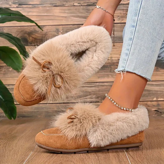 Women's Cozy Non-Skid Plush Slip-On Slippers with Bow Winter Indoor/Outdoor House Shoes