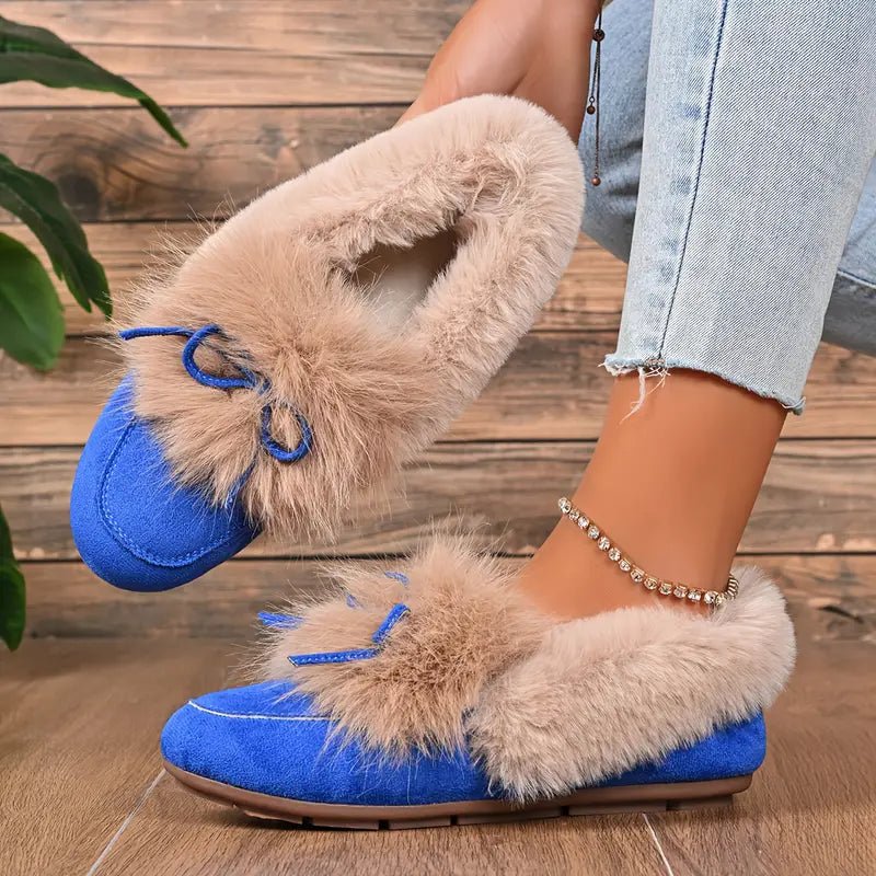 Women's Cozy Non-Skid Plush Slip-On Slippers with Bow Winter Indoor/Outdoor House Shoes