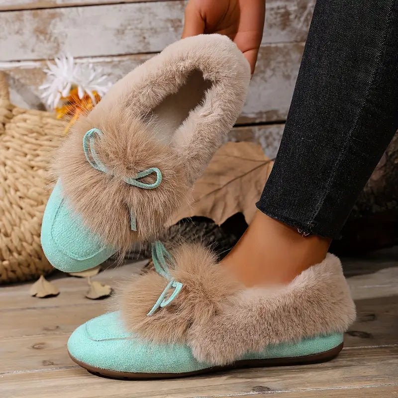 Women's Cozy Non-Skid Plush Slip-On Slippers with Bow Winter Indoor/Outdoor House Shoes
