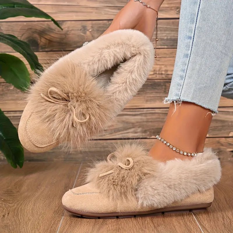 Women's Cozy Non-Skid Plush Slip-On Slippers with Bow Winter Indoor/Outdoor House Shoes