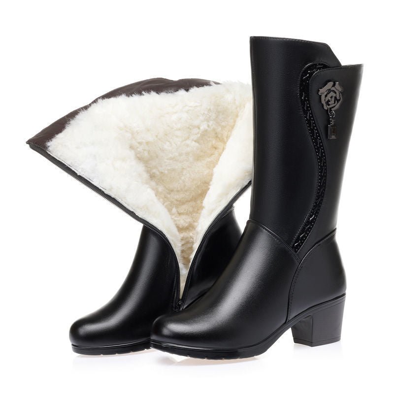Women's Fashion Rose Side Zipper Plush Lined Chunky Heel Boots