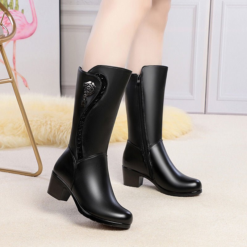 Women's Fashion Rose Side Zipper Plush Lined Chunky Heel Boots