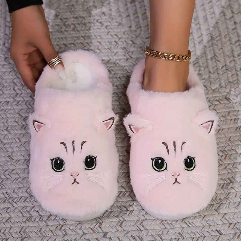 Women's Kawaii Cartoon Cat Cozy & Warm Winter Fuzzy Slippers House Shoes - oscloudgo