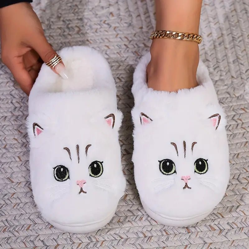 Women's Kawaii Cartoon Cat Cozy & Warm Winter Fuzzy Slippers House Shoes - oscloudgo