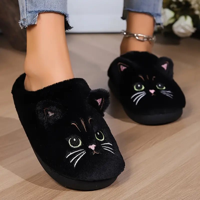 Women's Kawaii Cartoon Cat Cozy & Warm Winter Fuzzy Slippers House Shoes - oscloudgo